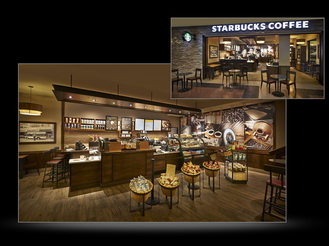 Architectural interior of Starbucks front entrance and serving counter-23