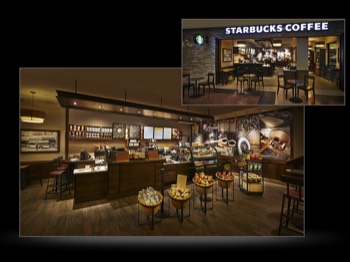 Architectural interior of Starbucks front entrance and serving counter-23