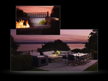  Outdoor sitting area with fireplace overlook a lake at sunset-24 