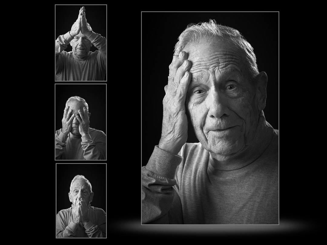 Editorial Portrait Photography B&W Head shot of man showing Tia Chi movements-2
